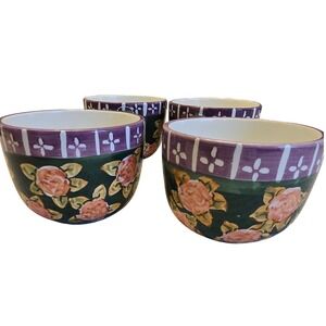 Crate & Barrel Floral Soup Bowls Set 4 Green Cottagecore Stoneware